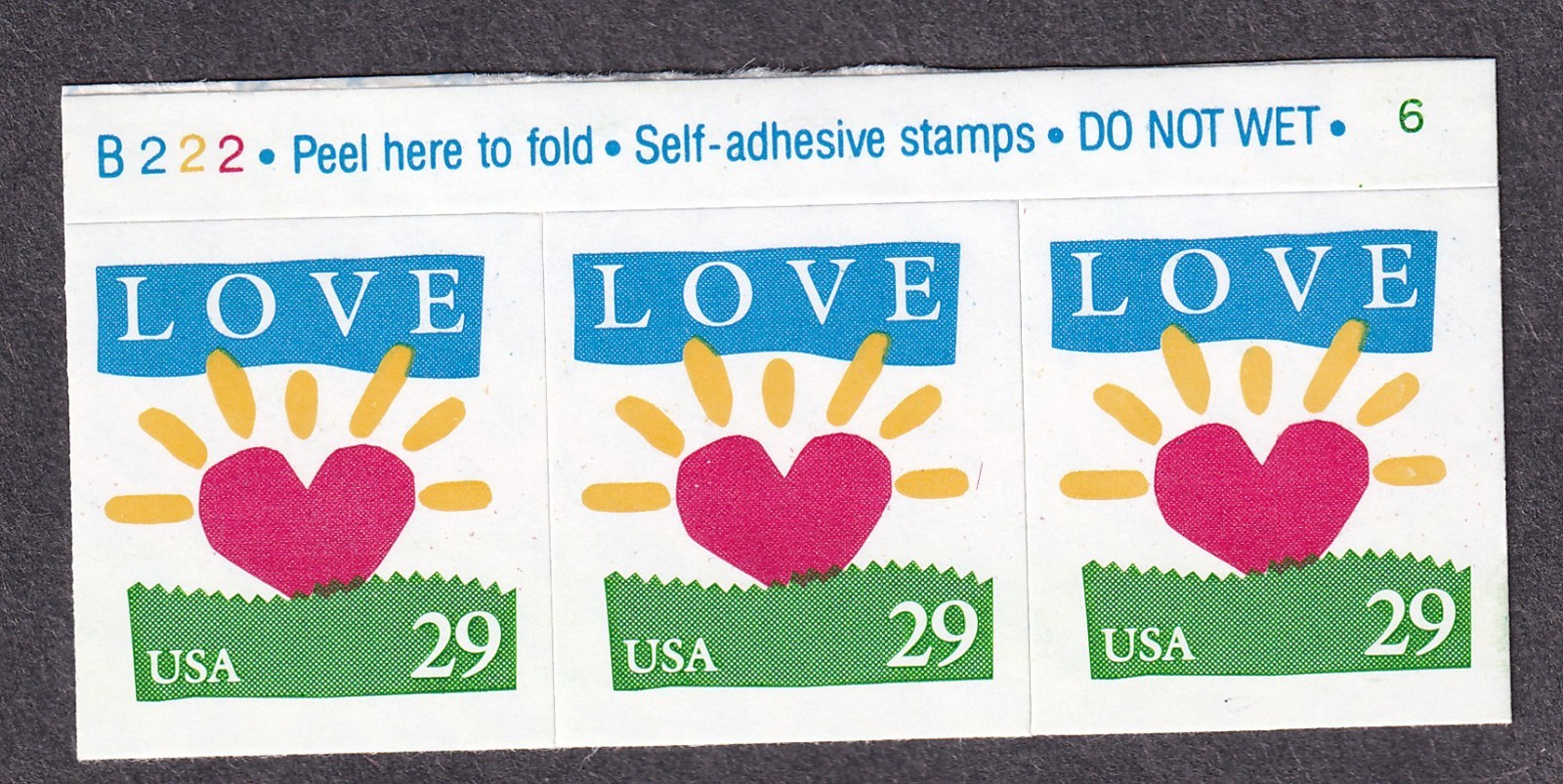 Scott #2813 Love Sun Heart Plate # Booklet Strip of 3 Stamps - MNH P#B222-6