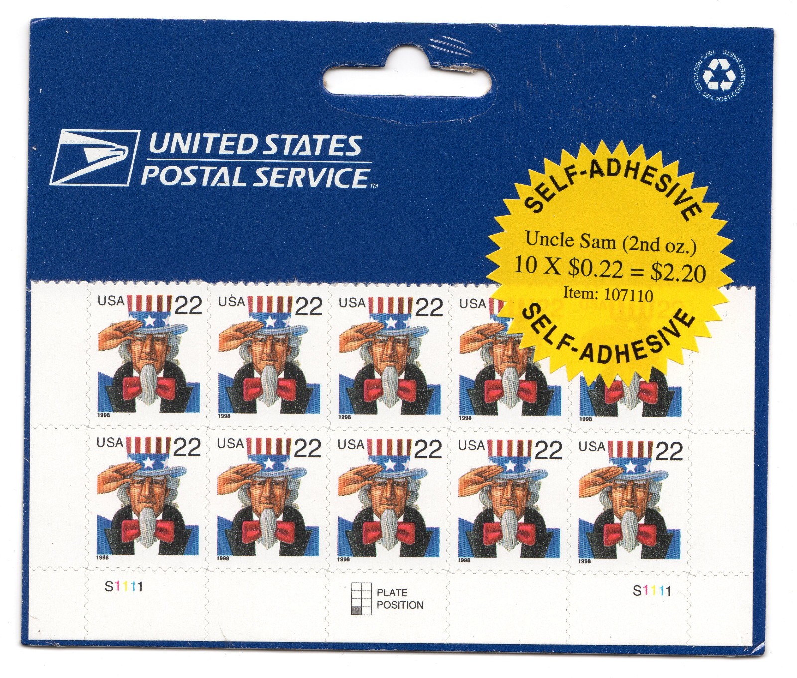 Scott #3259 Uncle Sam Plate Block of 10 Stamps - Sealed Bottom