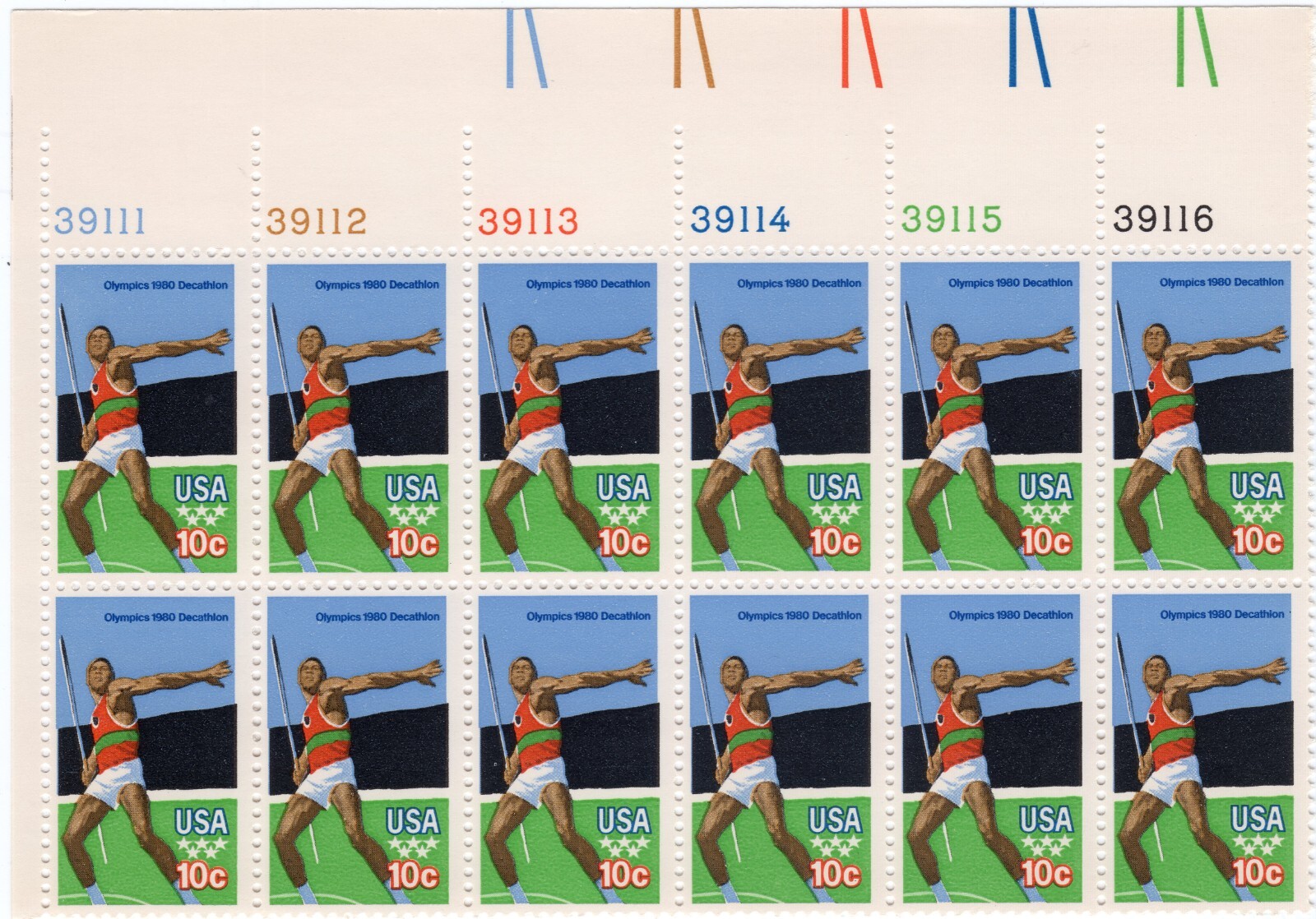 Scott #1790 Summer Olympics Javelin Thrower Plate Block of 12 Stamps - MNH