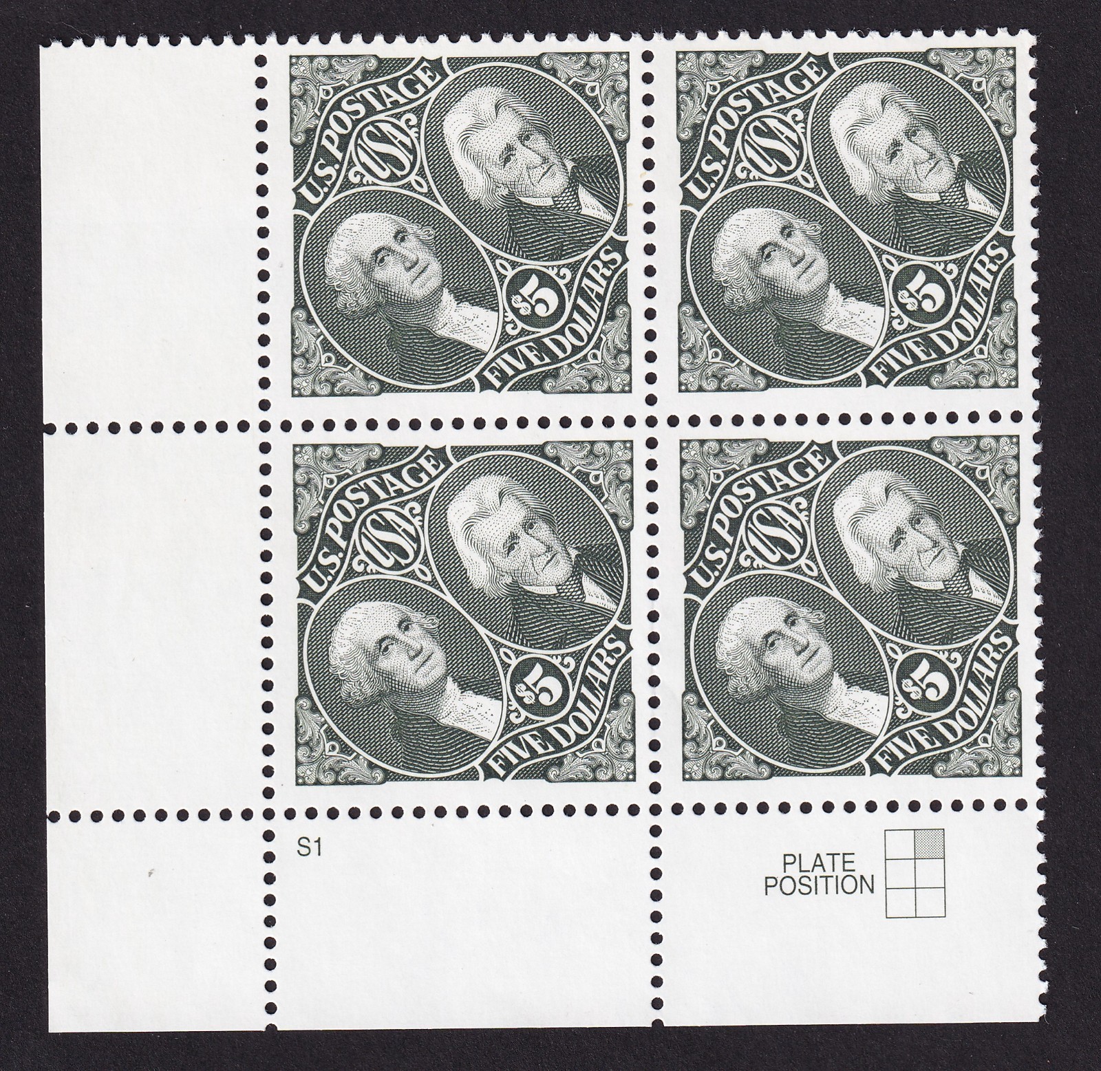 Scott #2592 Washington & Jackson $5 Plate Block of 4 Stamps - MNH LL