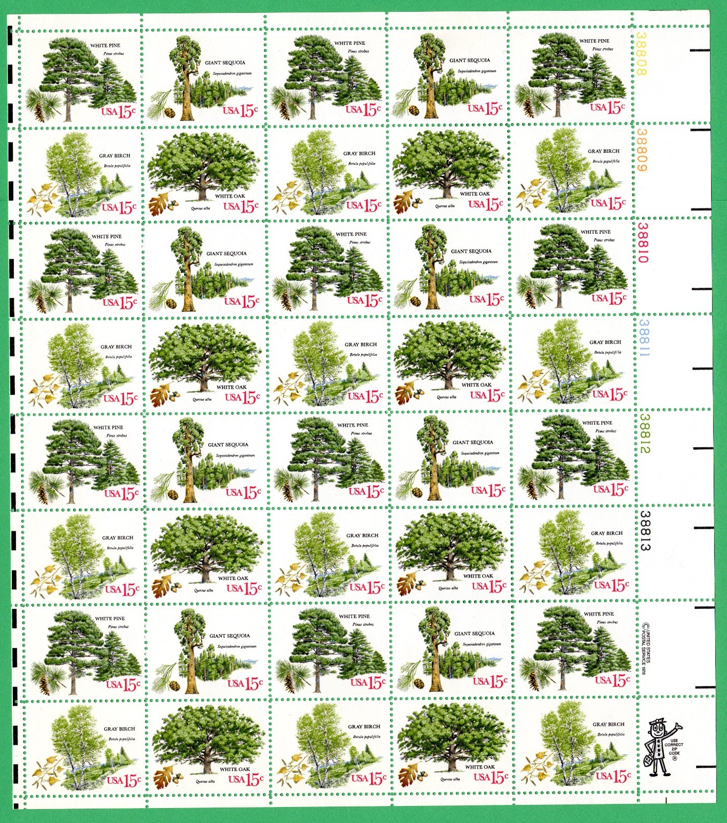 Scott #1767a (1767-70) 1978 Arboretum (Trees) 15¢ Sheet of 40 Stamps - MNH UR #2