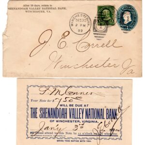 Scott #U295 & 279 Stamped Entire Envelope 1899 Postmark w/signed Bank Note Due
