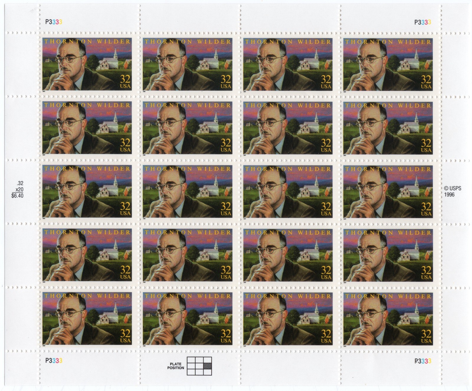 Scott #3134 Literary Arts Thornton Wilder Full Sheet of 20 Stamps - MNH
