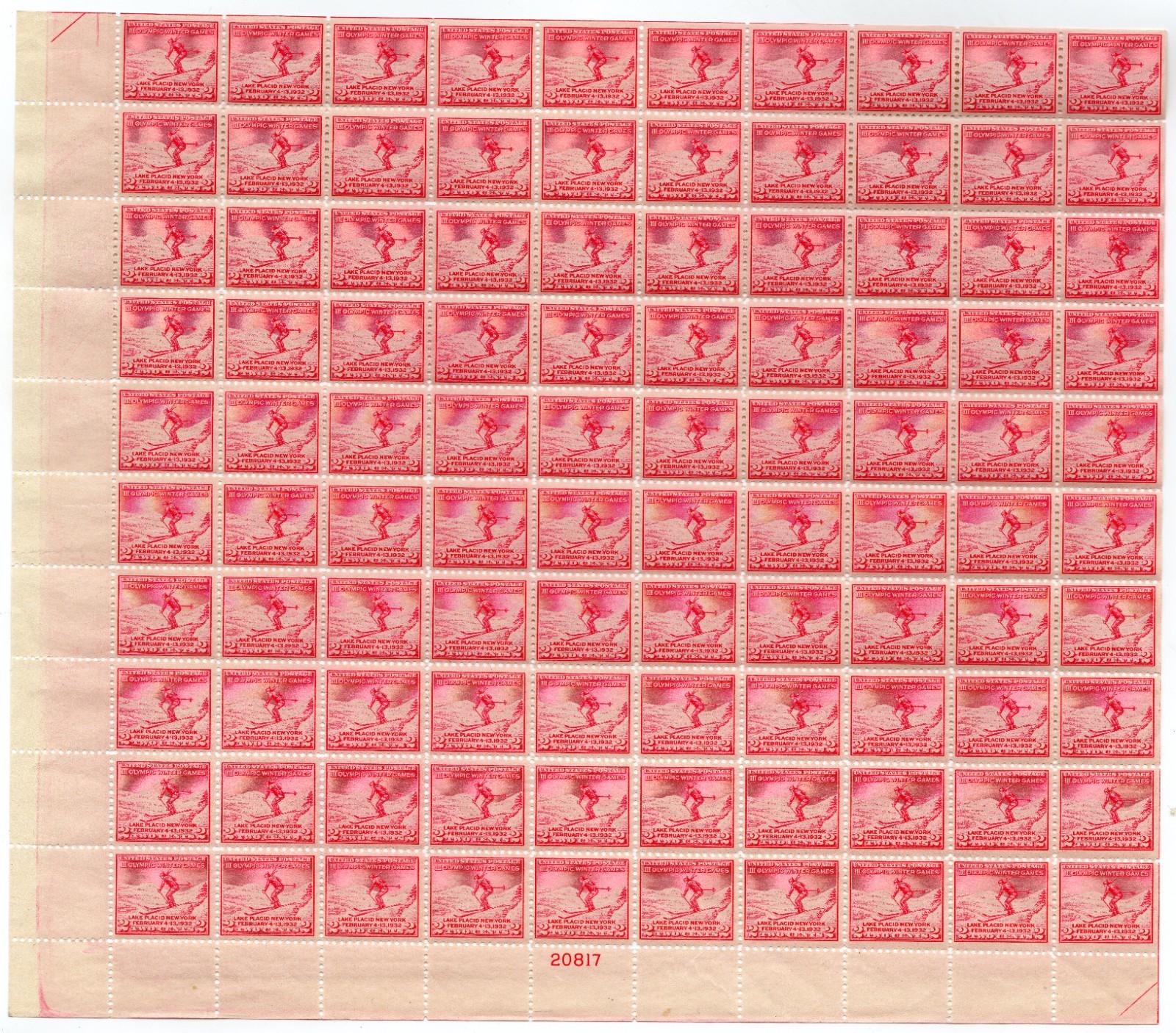 Scott #716 Lake Placid Olympics Sheet of 50 Stamps - MNH P#20817 LL