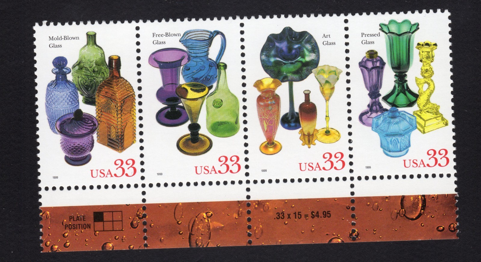 Scott #3328a (3325-28) American Glass Strip of 4 Stamps - MNH Bottom w/selvage