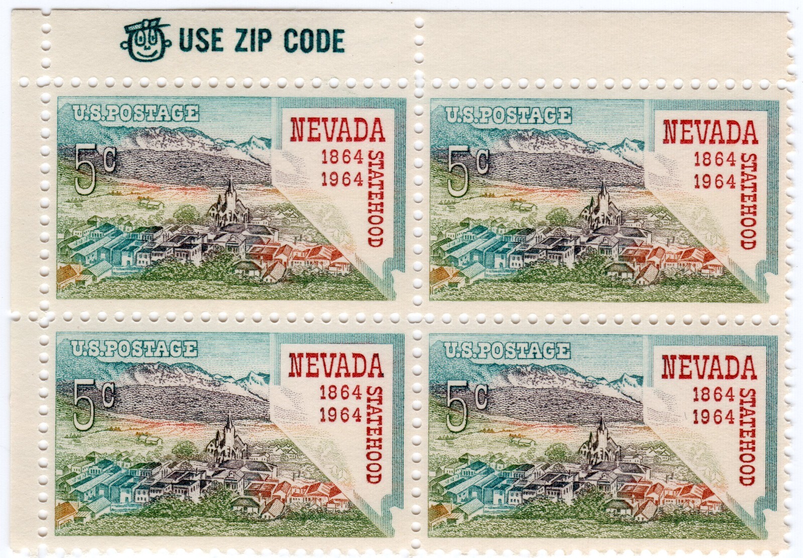 Scott #1248 Virginia City Nevada 5¢ Zip Block of 4 Stamps - MNH