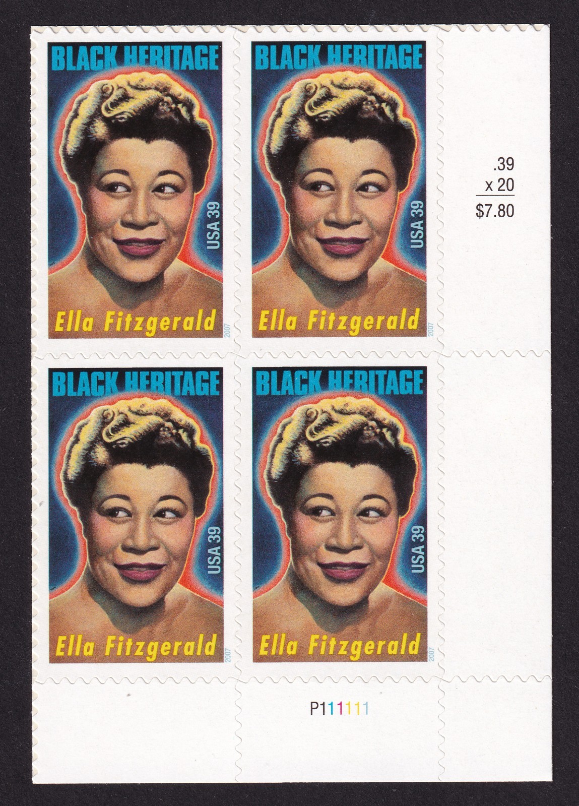 Scott #4120 Ella Fitzgerald Black Heritage Plate Block of 4 Stamps - MNH LR