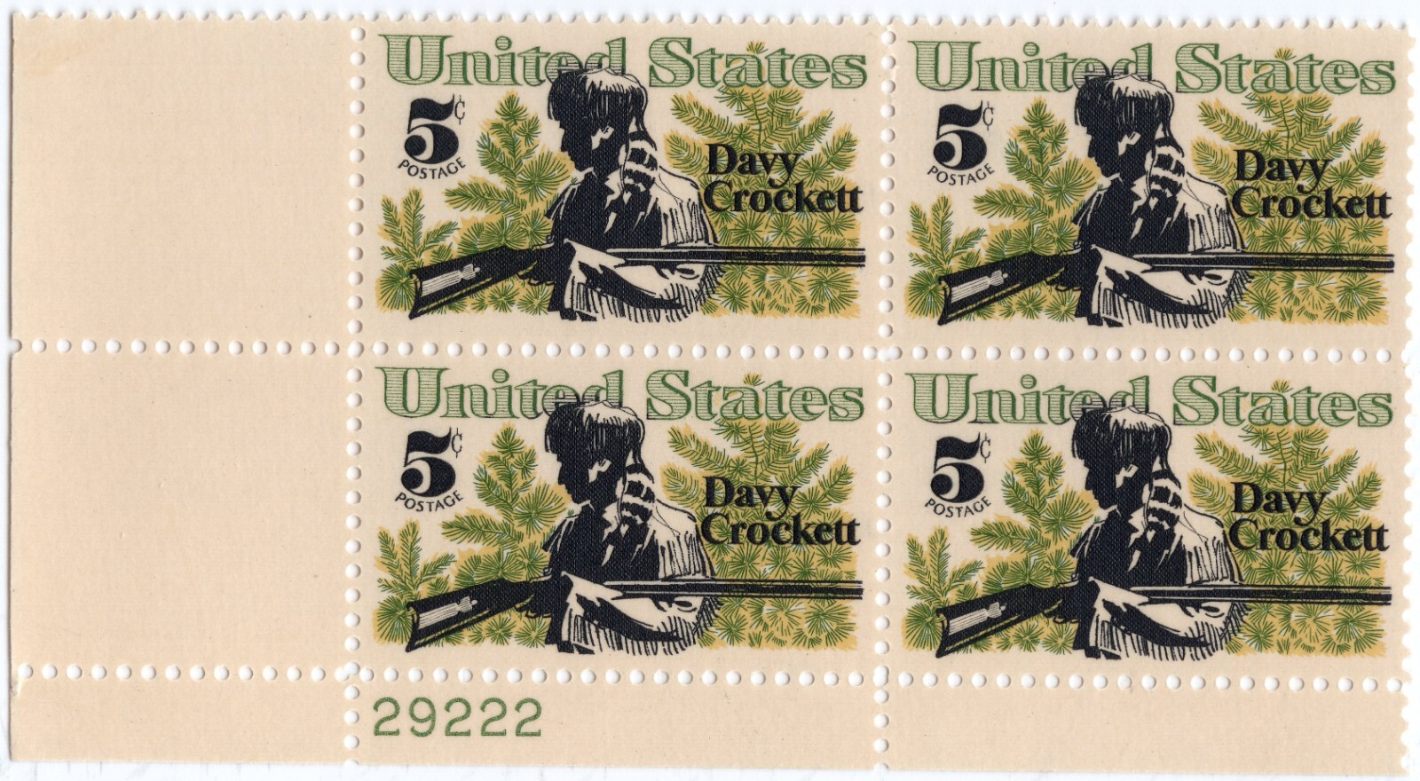 Scott #1330 Davy Crockett (Alamo) 5¢ Plate Block of 4 Stamps - MNH