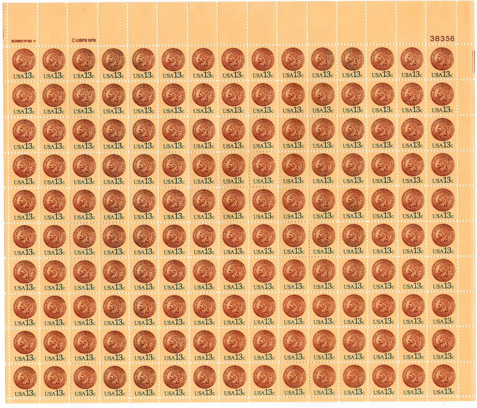 Scott #1734 1877 Indian Head Penny Full Sheet of 150 Stamps - MNH
