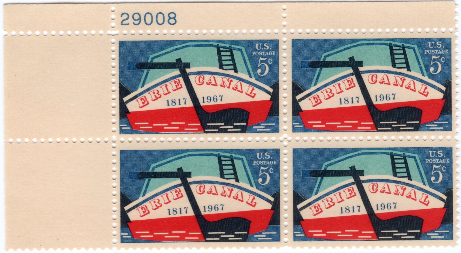 Scott #1325 Erie Canal 5¢ Plate Block of 4 Stamps - MNH