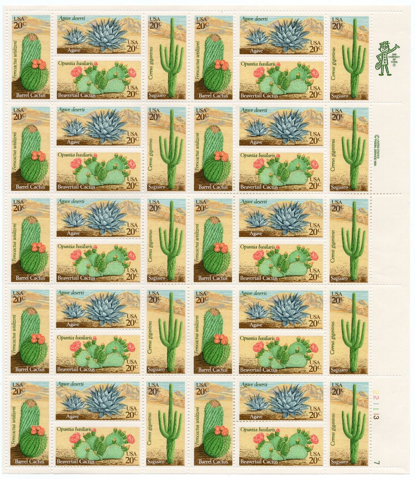 Scott #1945a (1942-45) 20¢ Desert Life (Cactus) Sheet of 40 Stamps - MNH