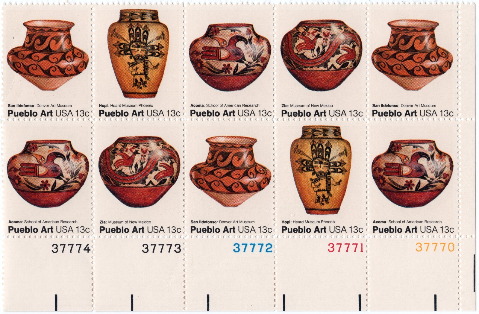 Scott #1709a (1706-1709) Pueblo Art 13¢ Plate Block of 10 Stamps - MNH LR #1