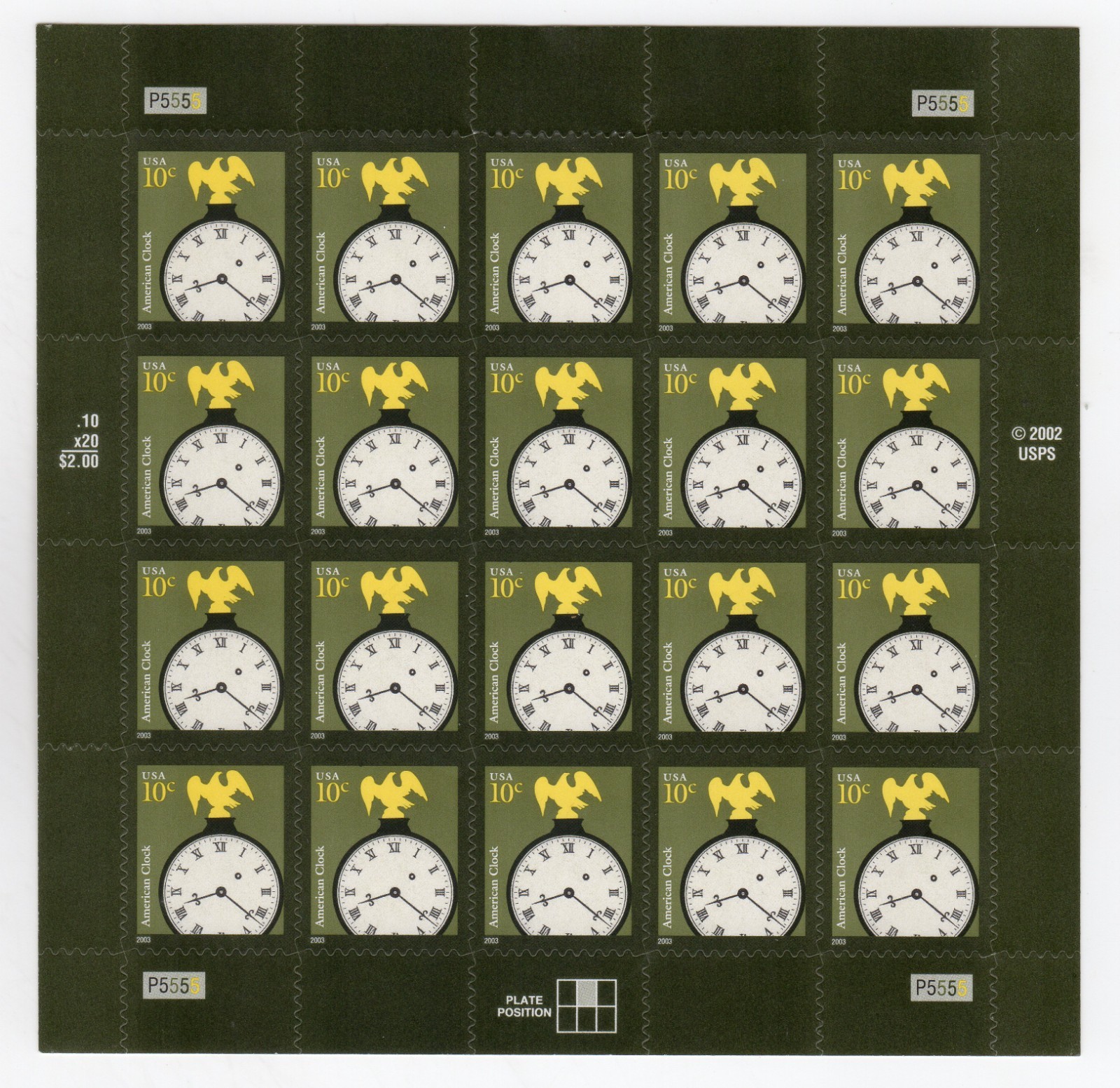 Scott #3757 Classic American Clock Sheet of 20 Stamps - MNH P#P5555