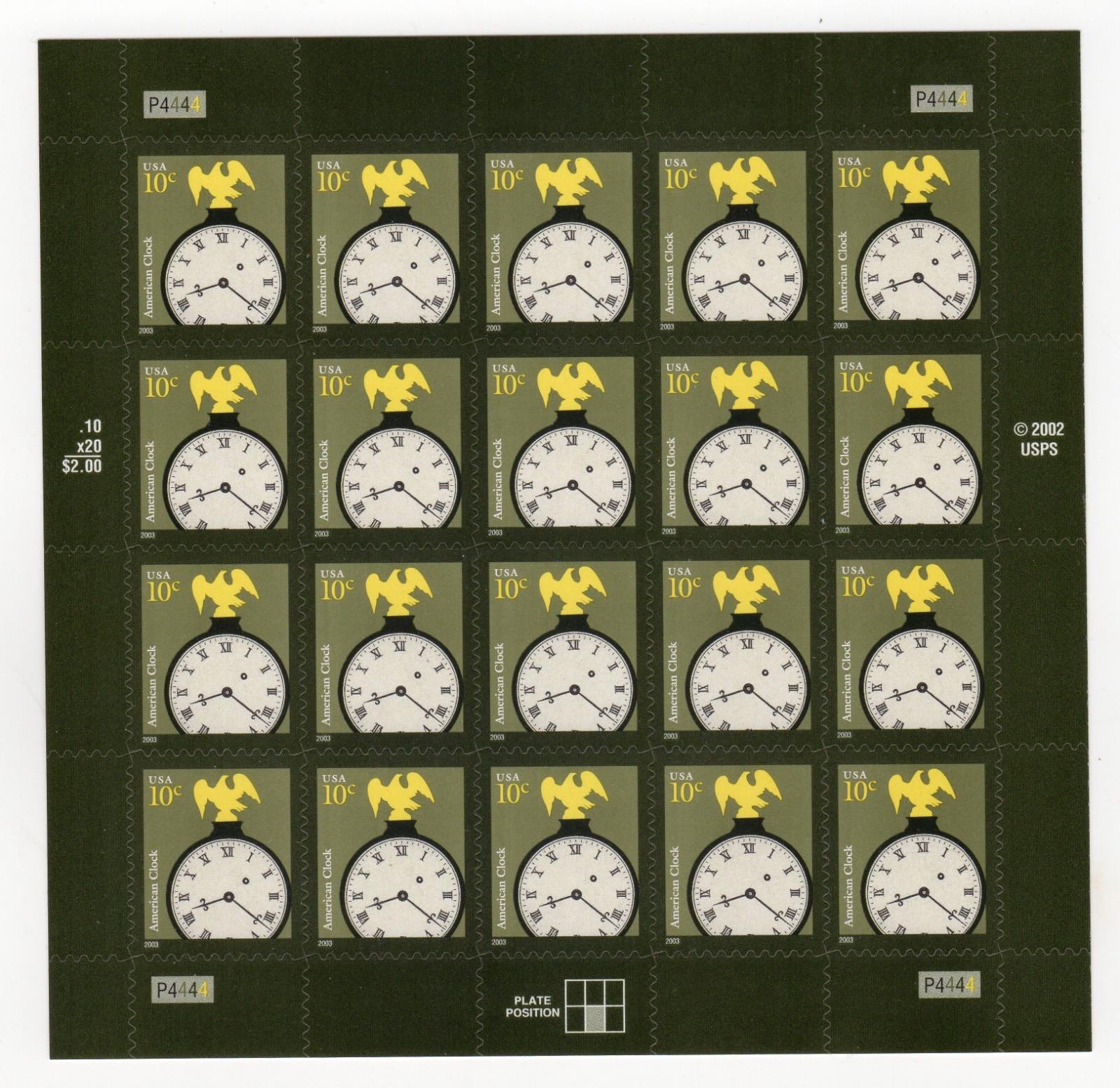 Scott #3757 Classic American Clock Sheet of 20 Stamps - MNH P#P4444