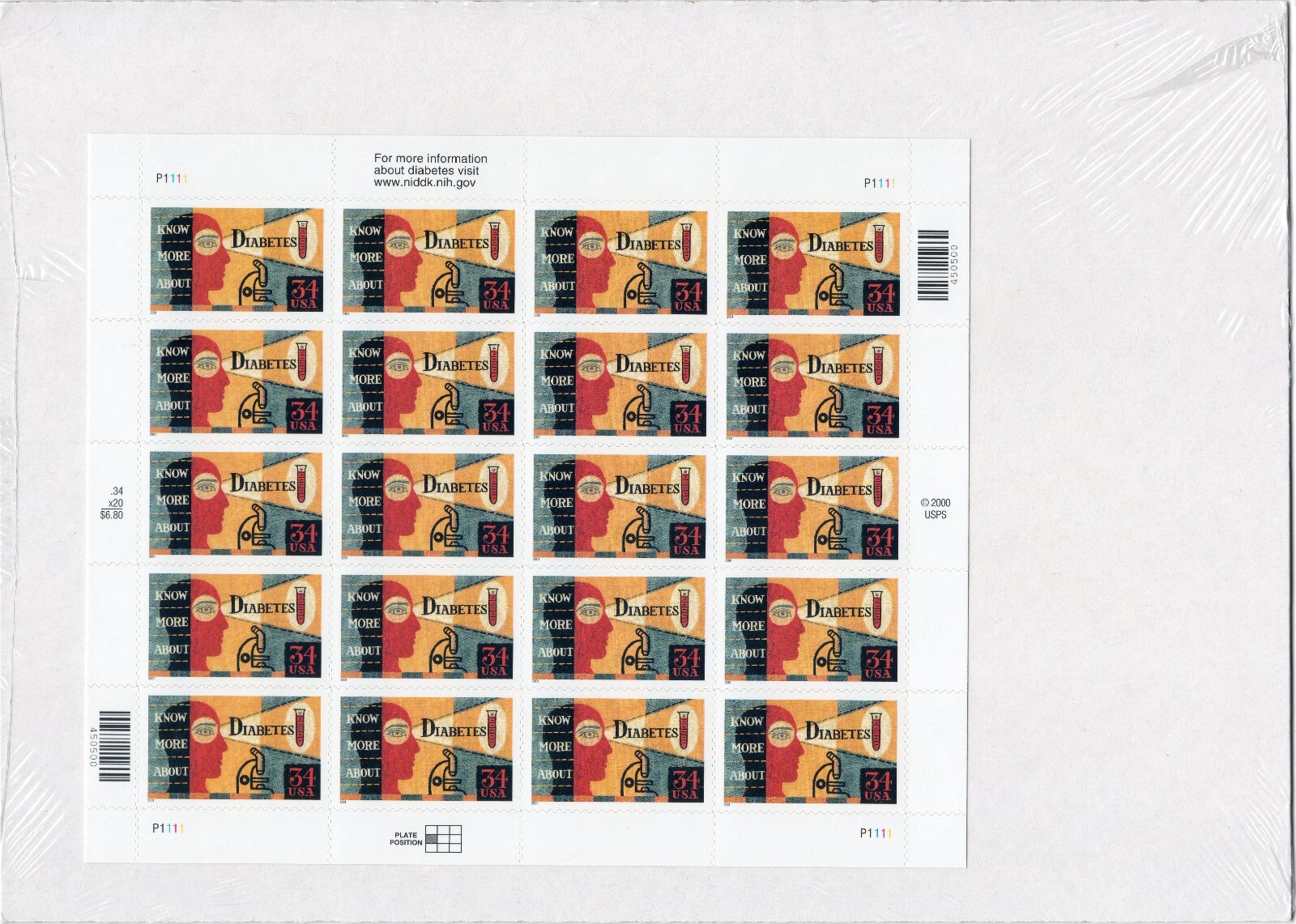 Scott #3503 Diabetes Full Sheet of 20 Stamps - Sealed
