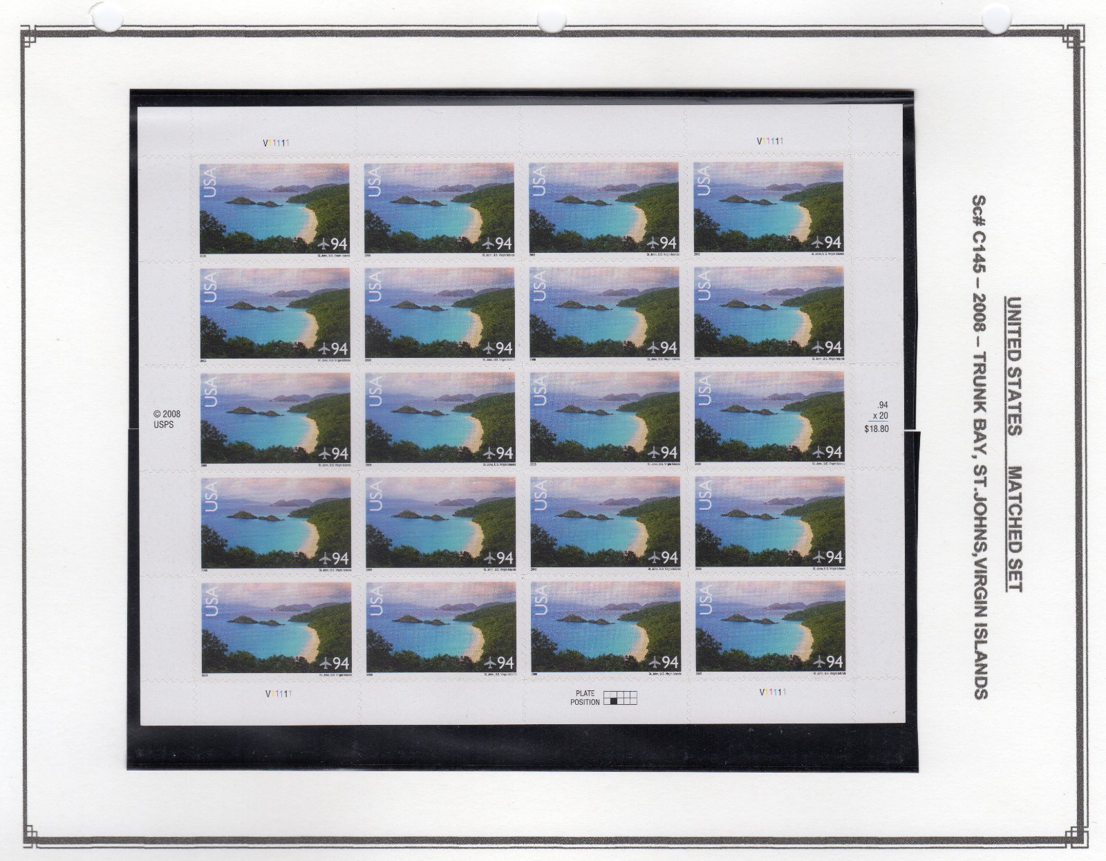 Scott #c145 US Virgin Islands, Trunk Bay Sheet of 20 Airmail Stamps - MNH
