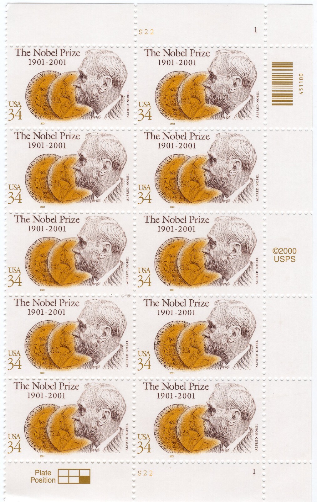 Scott #3504 NOBEL PRIZE (Alfred Nobel) Half Sheet of 10 34¢ Stamps - MNH
