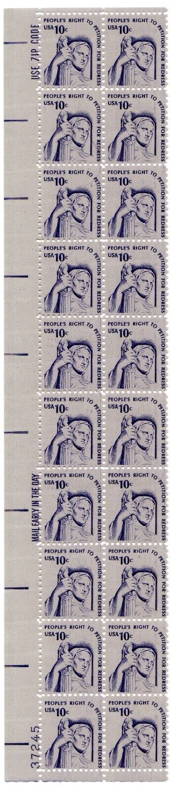 Scott #1592 Right to Petition for Redress (Strip) Plate Block of 20 Stamps - MNH