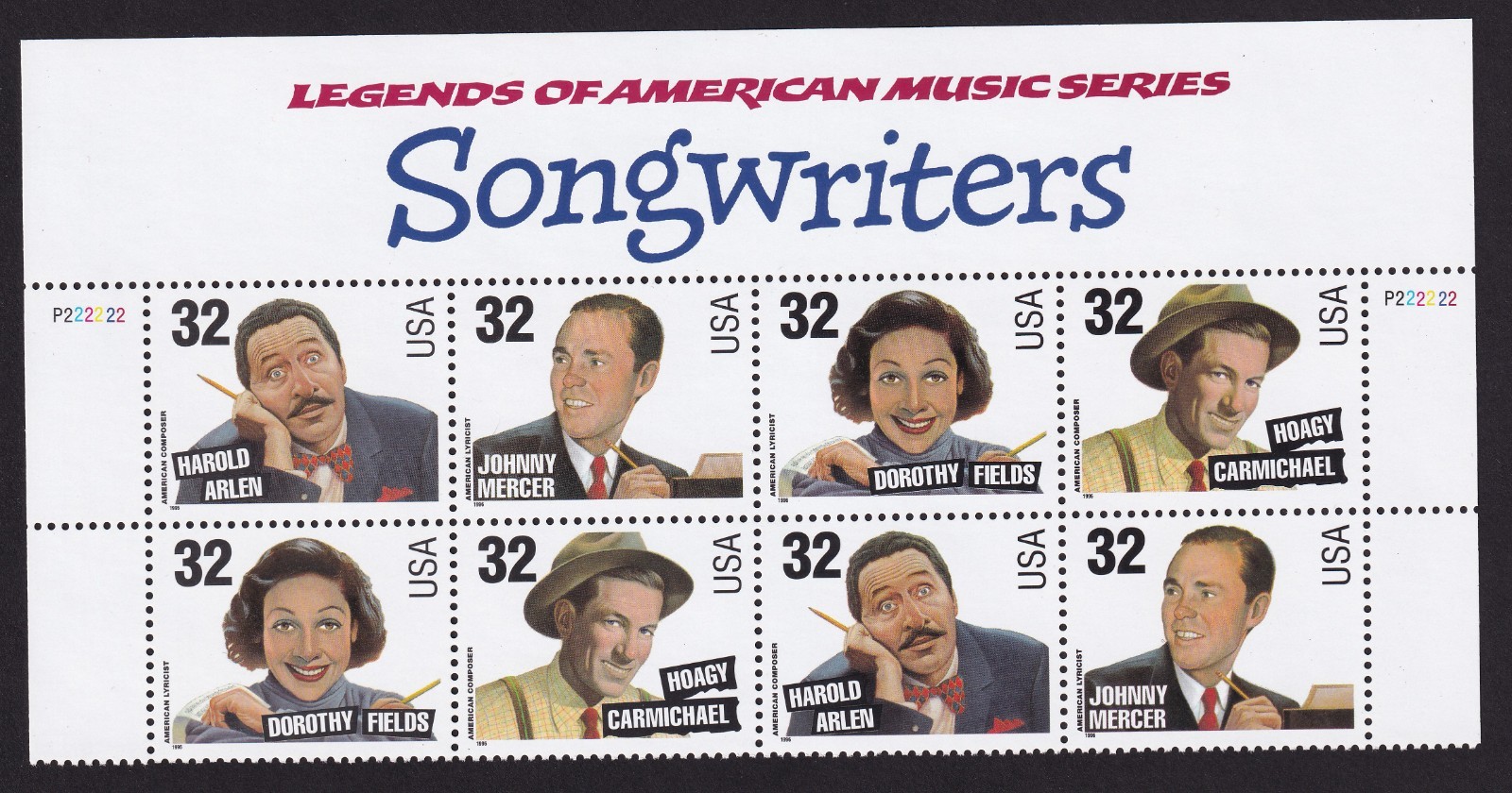 Scott #3103a (3100-3103) Songwriters Title Plate Block of 8 Stamps - MNH PC#8