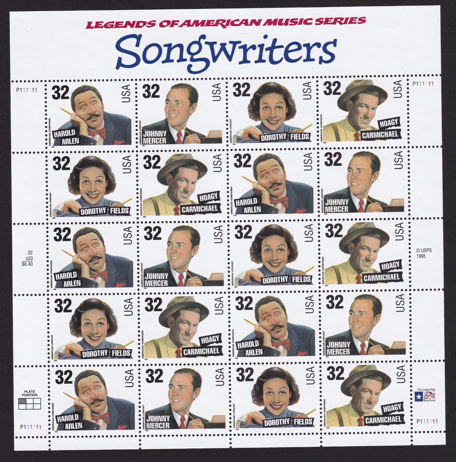 Scott #3103a (3100) Songwriters - 32¢ Stamp Sheet of 20 Stamps - MNH P#111111
