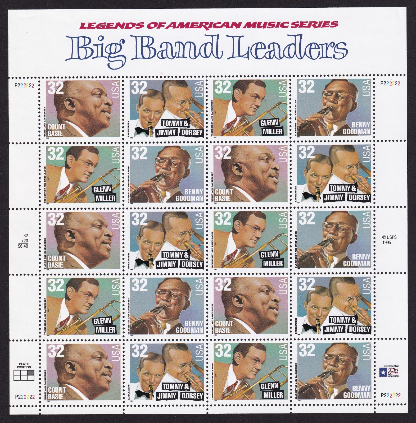 Scott #3099a (3096-99) Big Band Leaders Full Sheet of 20 Stamps - MNH P#P222222