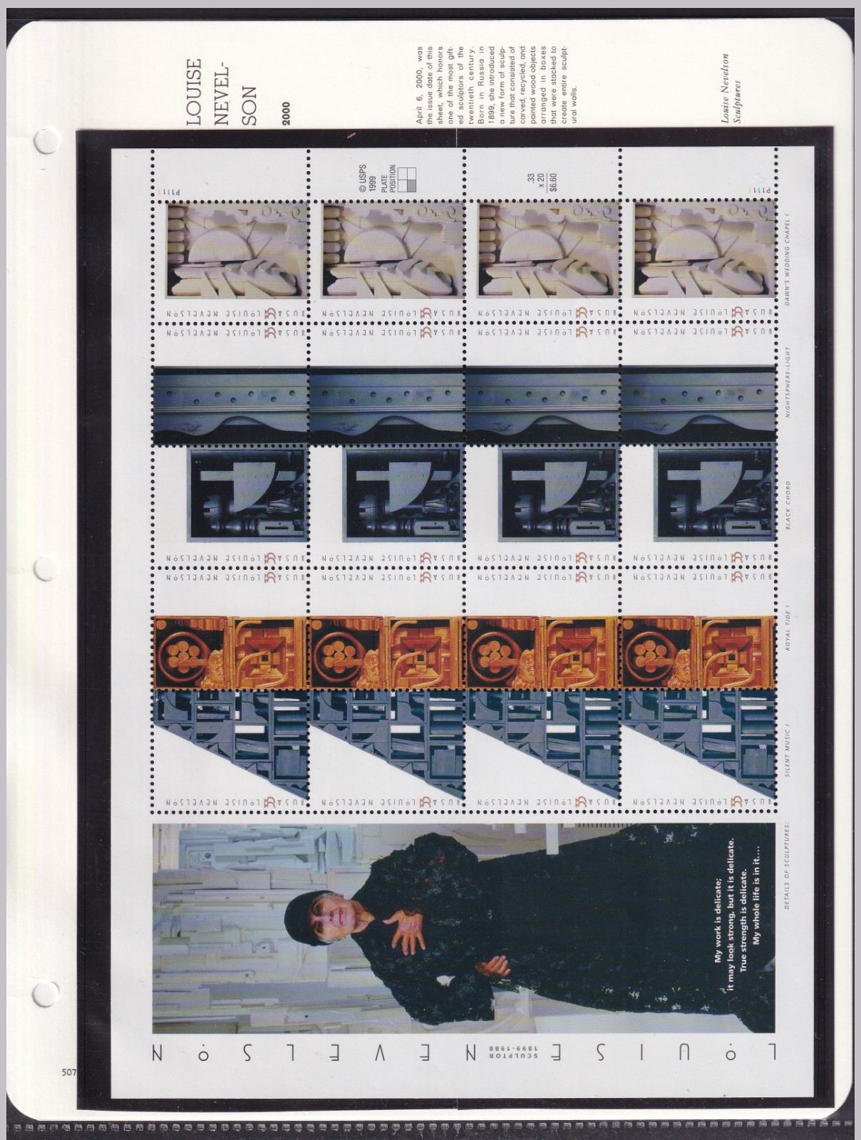 Scott #3383a (3379) Nevelson Sheet of 20 Stamps w/Strip & Singles MNH White Ace