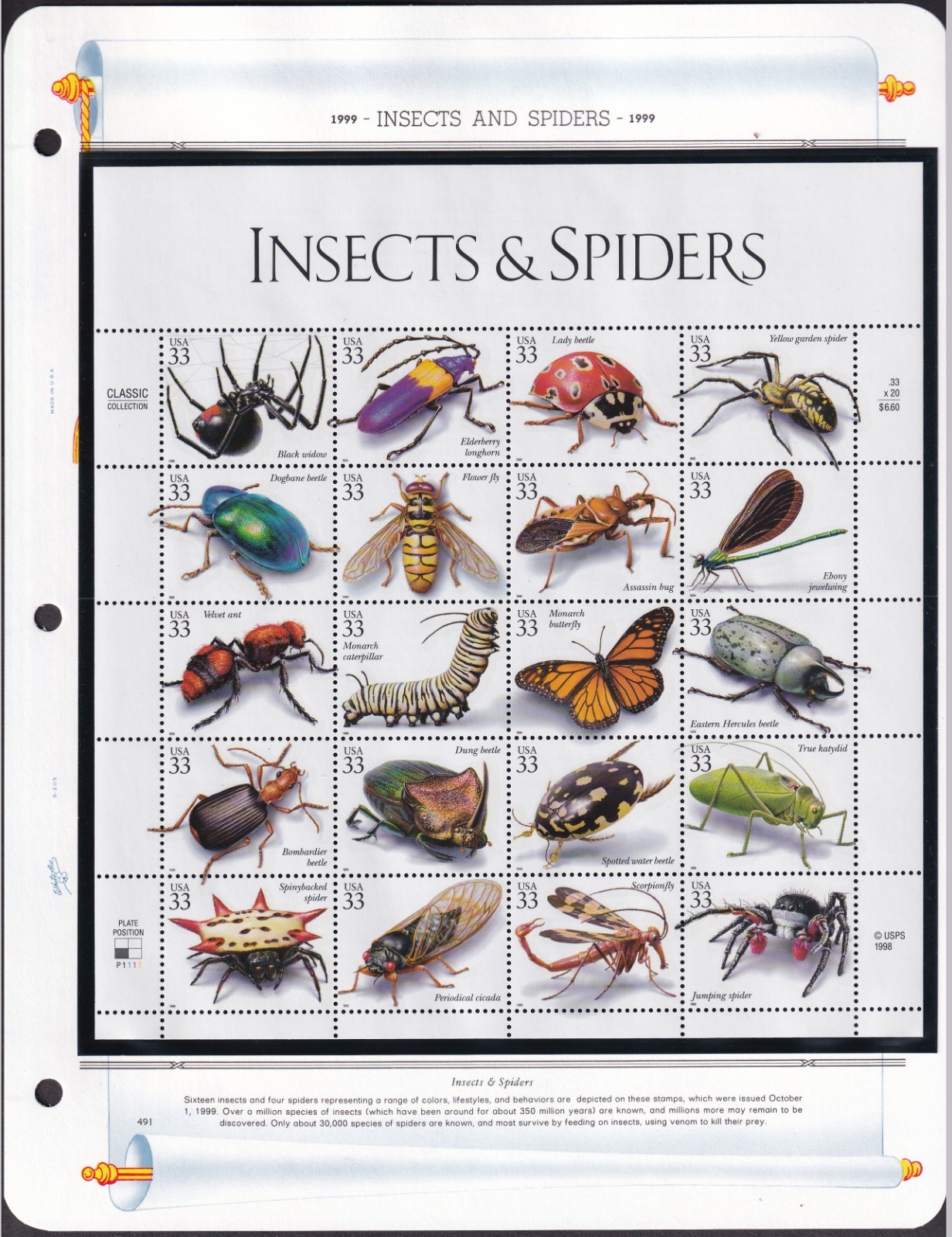 Scott #3351 Insects and Spiders Sheet of 20 & Singles - MNH White Ace Album Page