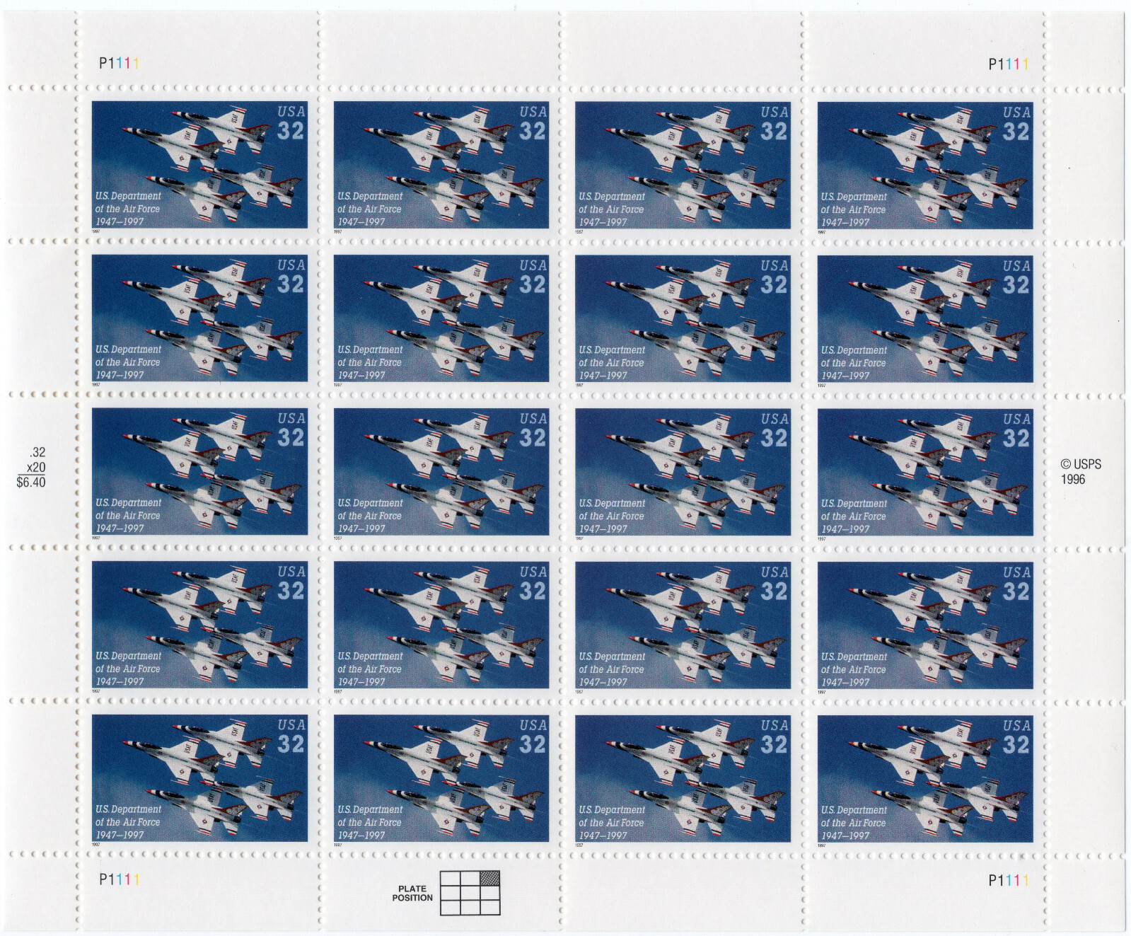 Scott #3167 Air Force 50th Anniversary (Thunderbirds) Sheet of 20 Stamps - MNH