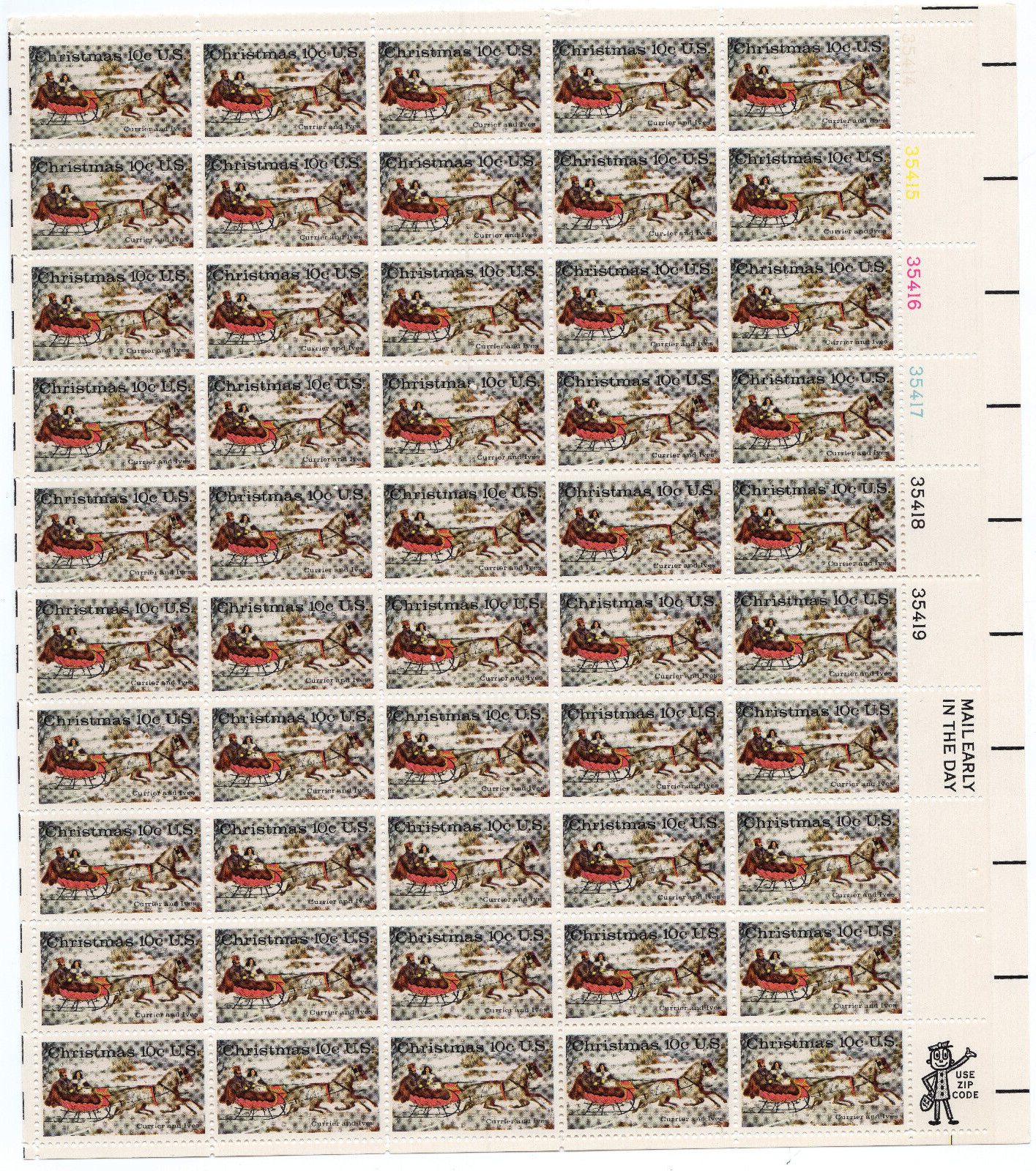 Scott #1551 Currier and Ives Sleigh Ride Sheet of 50 Stamps - MNH