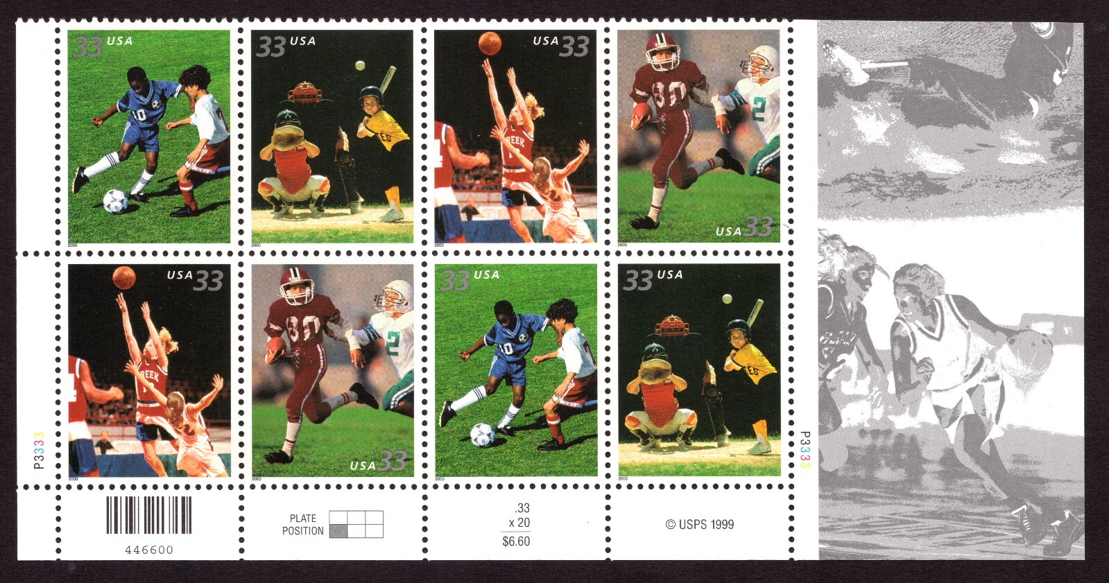 Scott #3402a (3399-3402) Youth Sports Plate Block of 8 Stamps - MNH Bottom