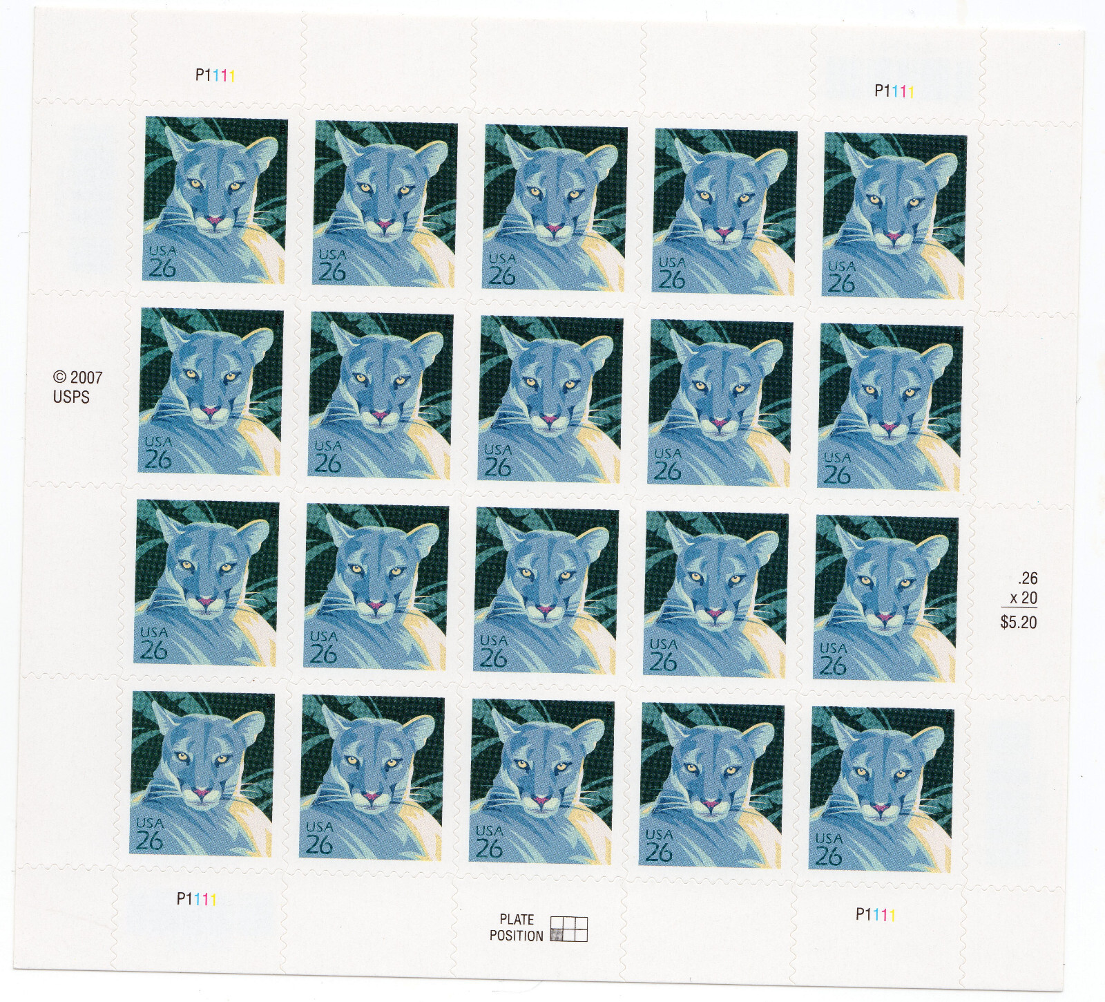 Scott #4139 Florida Panther Sheet of 20 26¢ Stamps - MNH