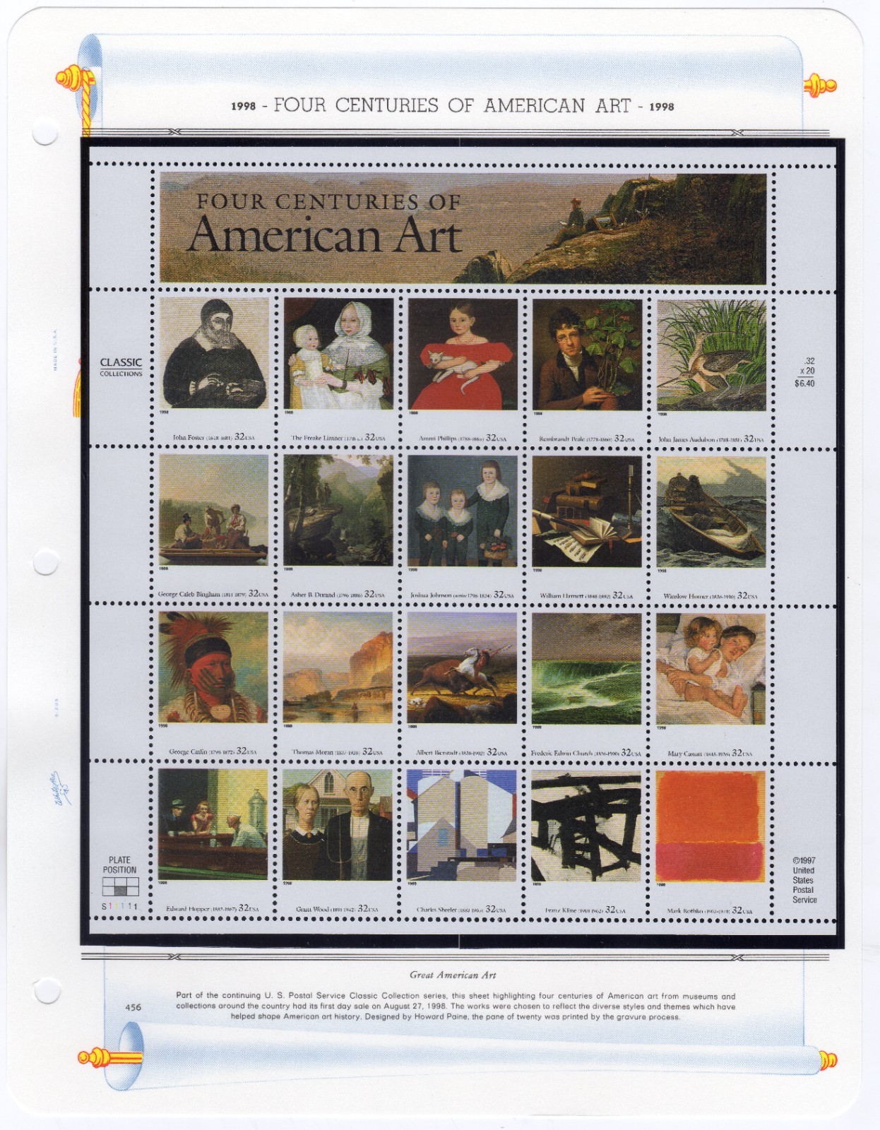 Scott #3236 American Art Sheet Of 20 Stamps - White Ace Album Page