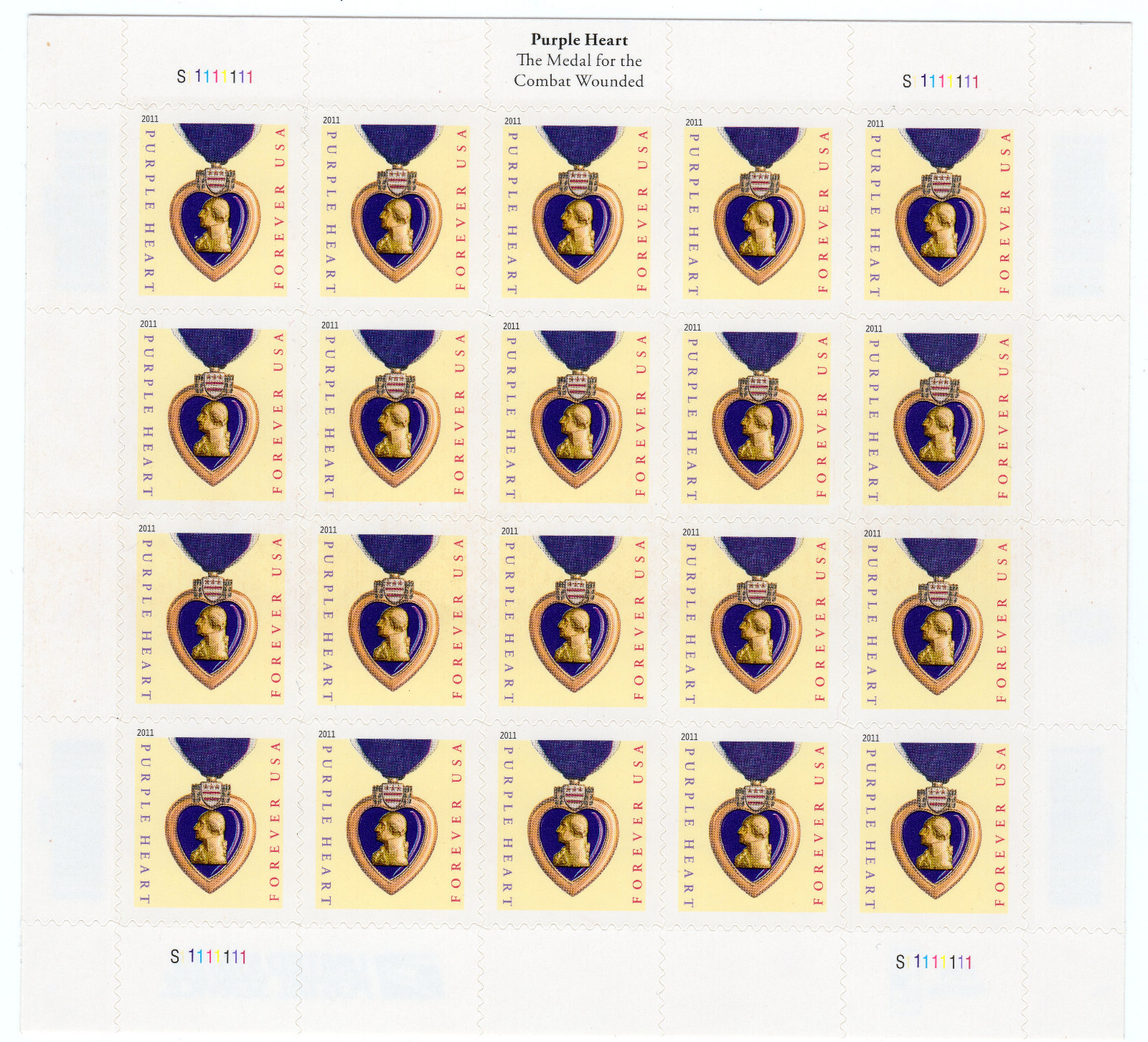 Scott #4529 Purple Heart (VFW, 2011) Full Sheet of 20 Forever Stamps - MNH