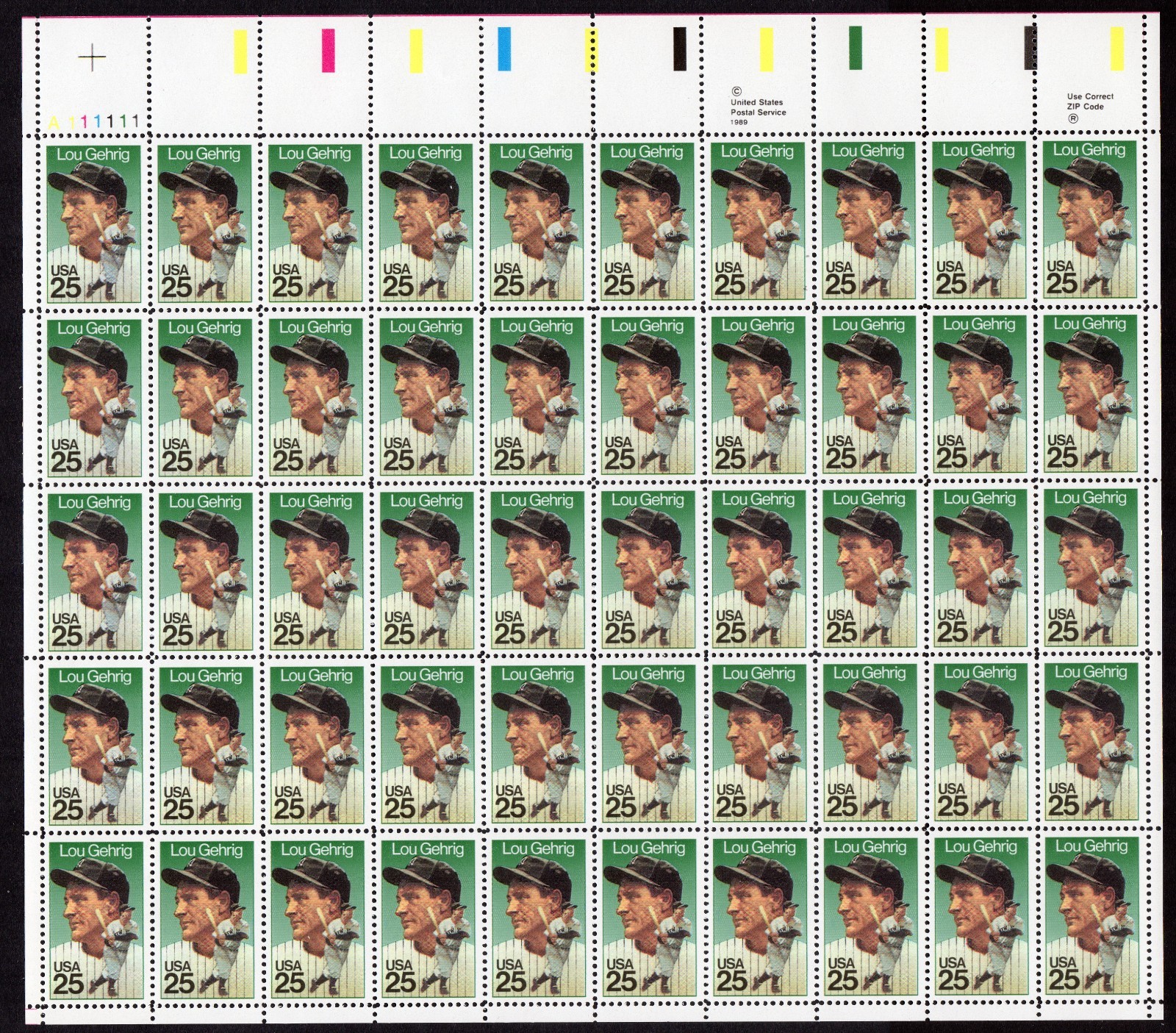 Scott #2417 Lou Gehrig Baseball Sheet of 50 Stamps - MNH