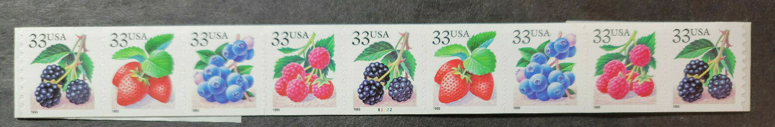 Scott #3305a (3302-3305) Berry (Strawberry, Blueberry) P#B2222 Coil of 9 Stamps