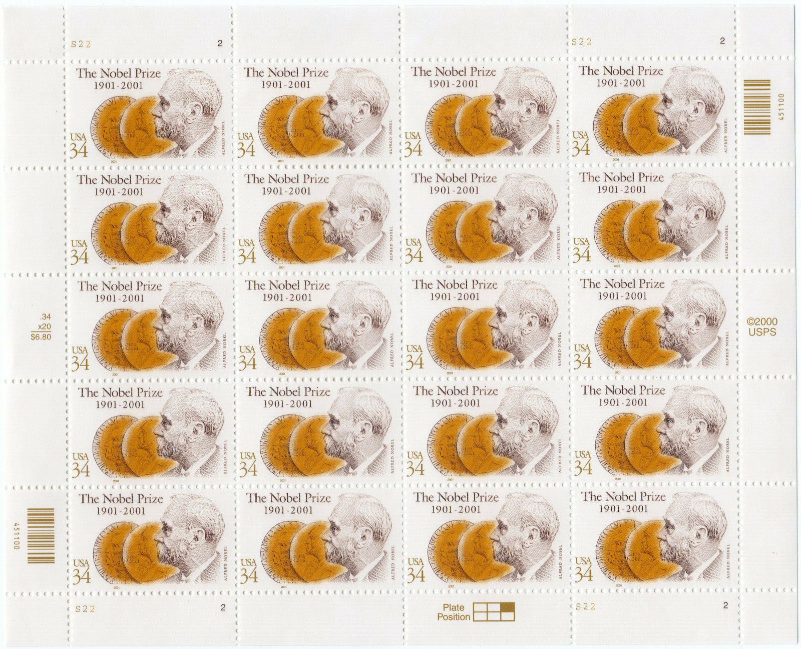 Scott #3504 NOBEL PRIZE (Alfred Nobel, Chemistry) Sheet of 20 34¢ Stamps - MNH