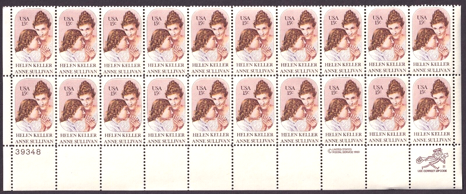 Scott #1824 Helen Keller & Anne Sullivan Plate Block of 20 Stamps - MNH
