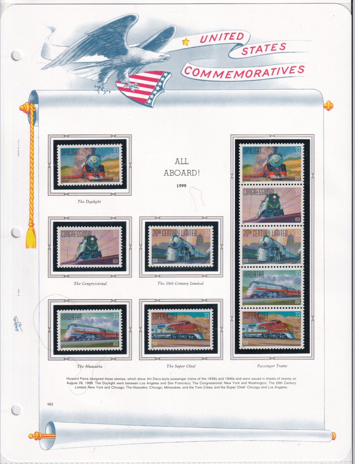 Scott #3337a (3333-37) All Aboard Trains Strip of 5 & Singles - White Ace Page