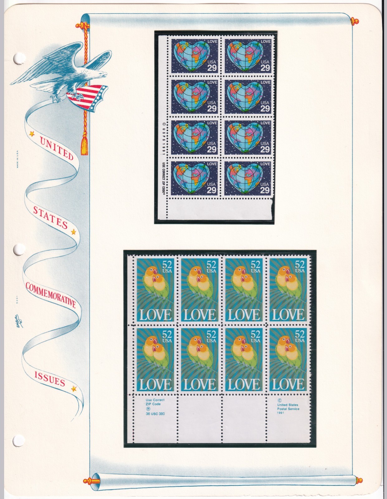 Scott #2535 & 2537 Heart World Parrots Zip Block of 8 Stamps MNH White Ace Page