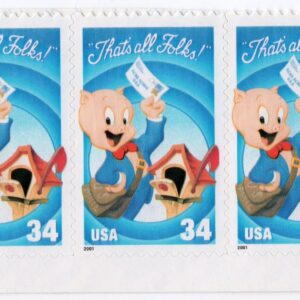 Scott #3534 Porky Pig "That's All Folks" Block of 3 Stamps - MNH