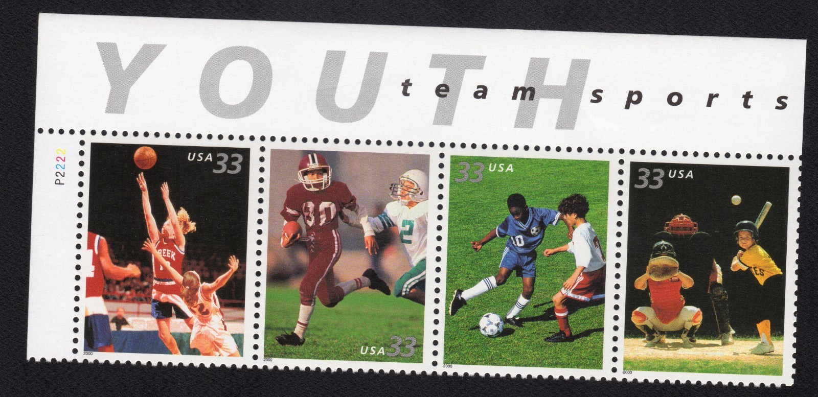 Scott #3402a (3399) Youth Sports Title Plate Strip of 4 Stamps - MNH UL PC#6