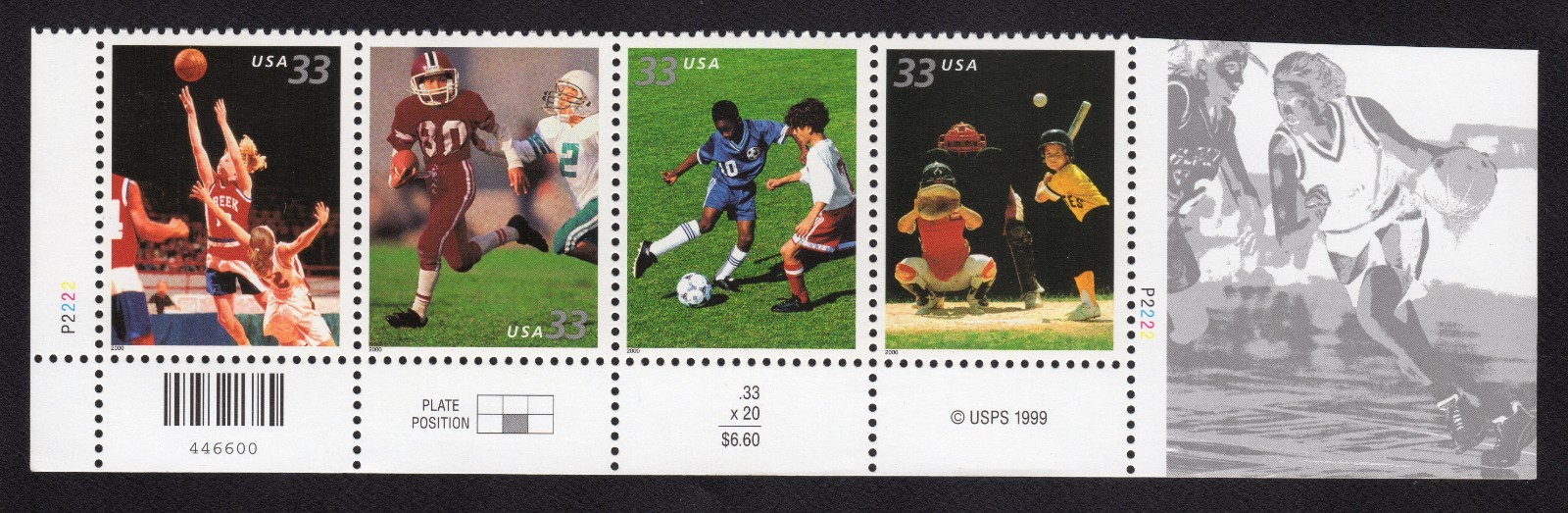 Scott #3402a (3399-3402) Youth Sports Plate Strip of 4 Stamps - MNH Bottom