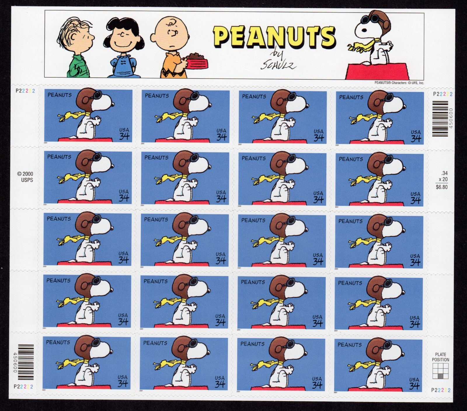 Scott #3507 Peanuts (Snoopy) Sheet of Twenty Stamps - MNH P#P22222