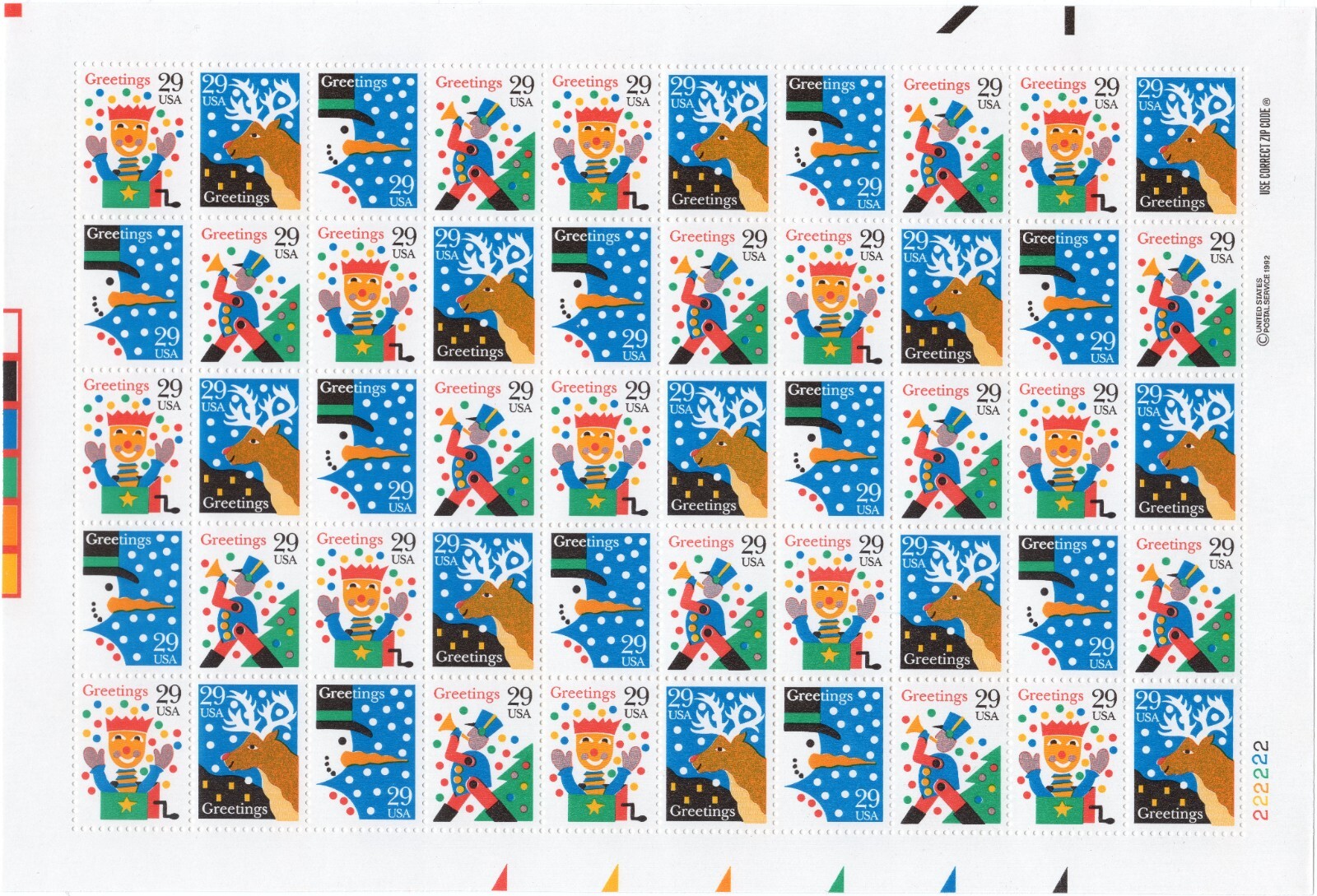 Scott #2794a 29¢ Seasons Greetings (Snowman, Reindeer) Sheet of 50 Stamps - MNH