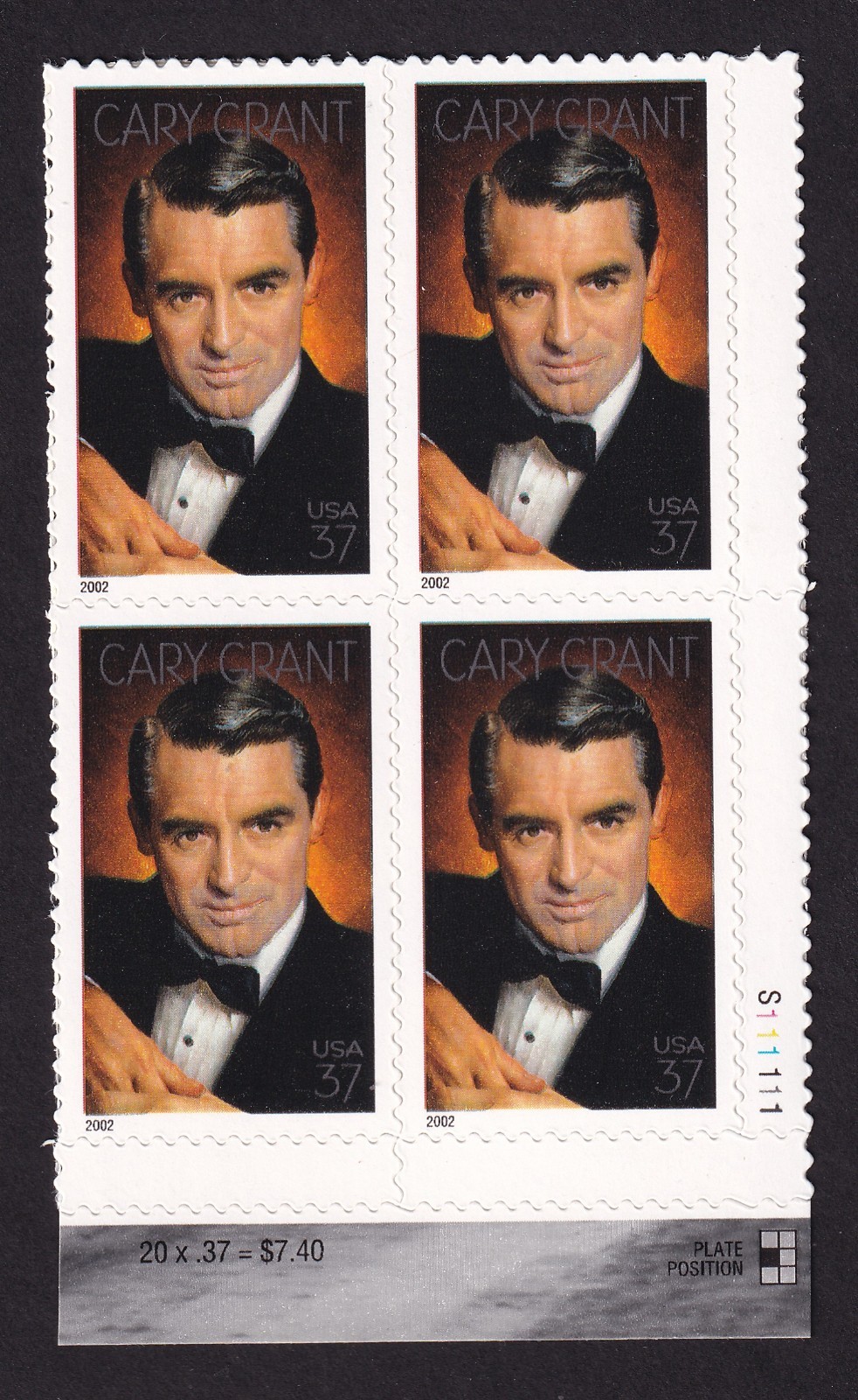Scott #3692 Cary Grant (Legends of Hollywood) Block of 4 Stamps - MNH w/Plate LR