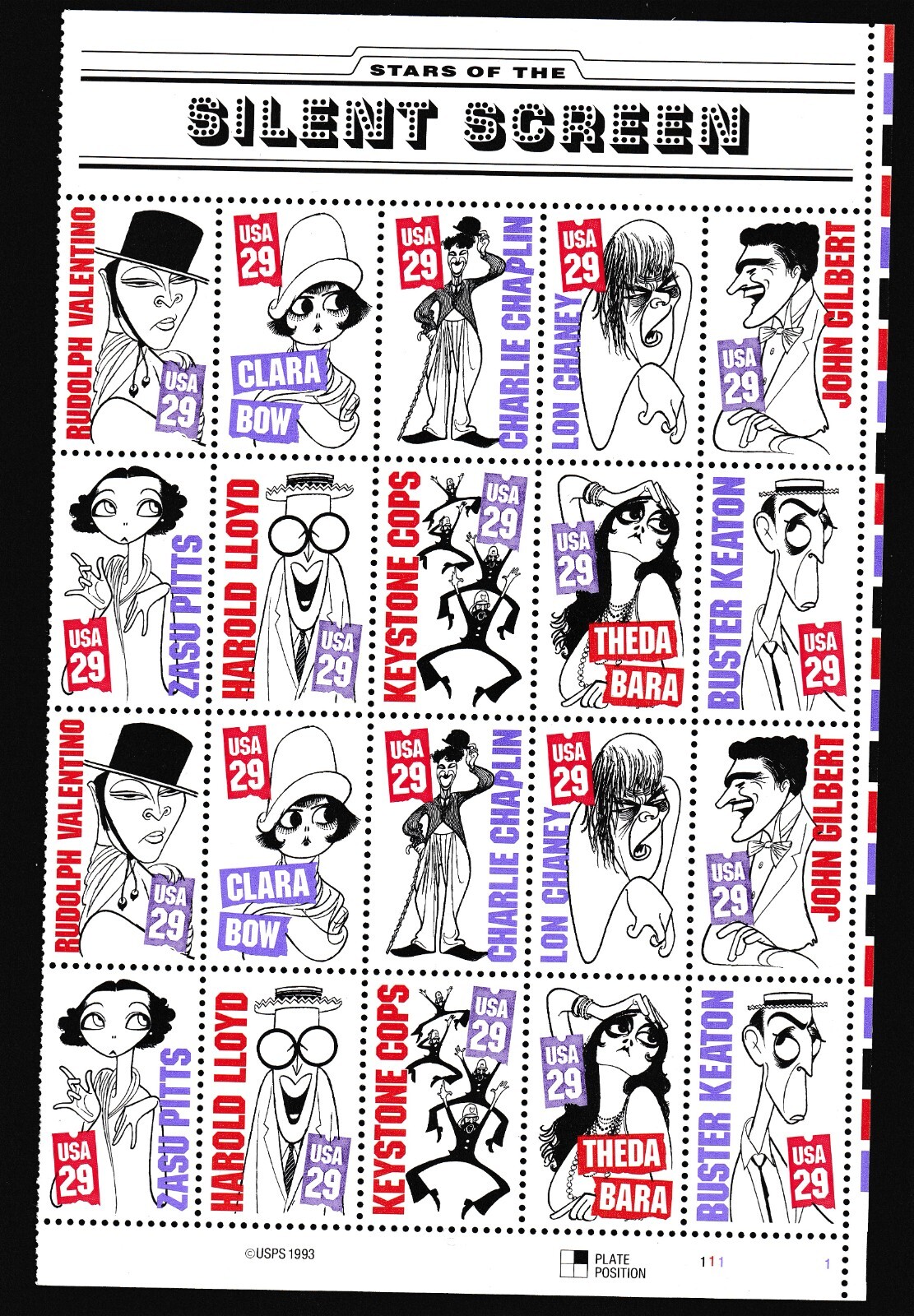 Scott #2828a Silent Screen Right Half Sheet of 20 Stamps - MNH Color Reg