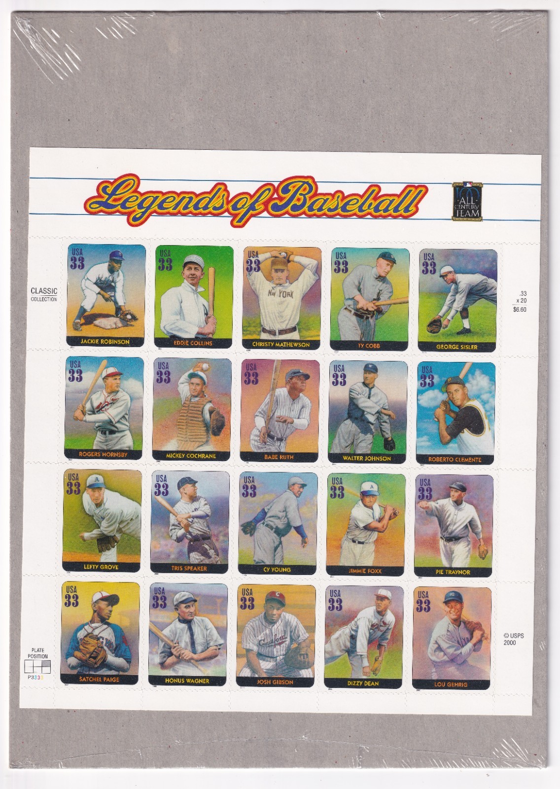 Scott #3408 Legends OF Baseball (Jackie) Sheet of 20 Stamps Sealed Brown