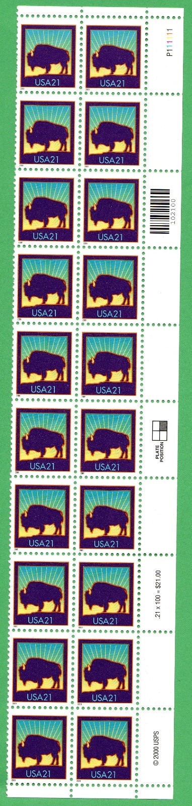 Scott #3467 American Buffalo Plate Block of 20 Stamps - MNH w/Plate Position UR