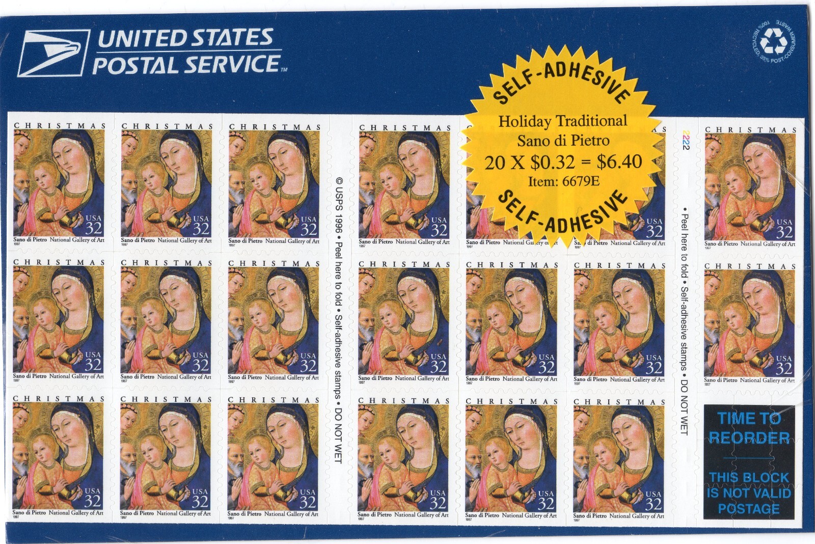 Scott #3176a 32¢ Madonna (Christmas, Pietro) Booklet of 20 Stamps - Sealed