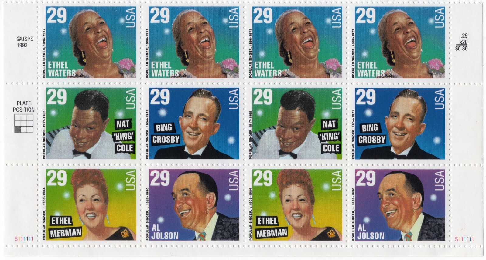 US. #2853a Popular Singers (Bing Crosby) Plate Block of 12 Stamps - MNH Bottom